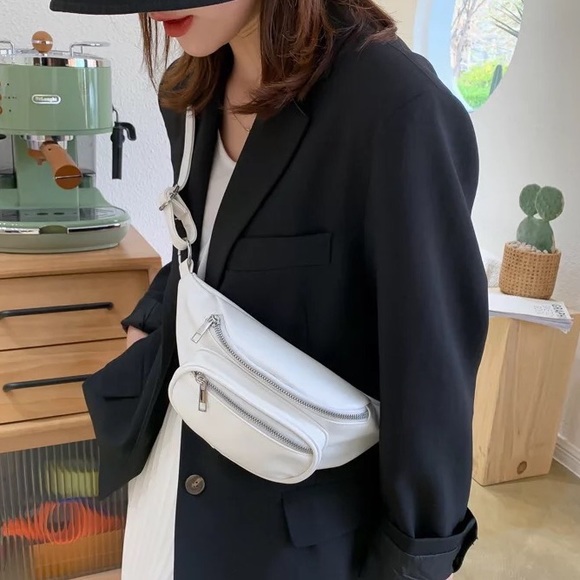 Fanny pack bag crossbody waist adjustable 2 pocket zipper chain bags white black - Picture 12 of 13